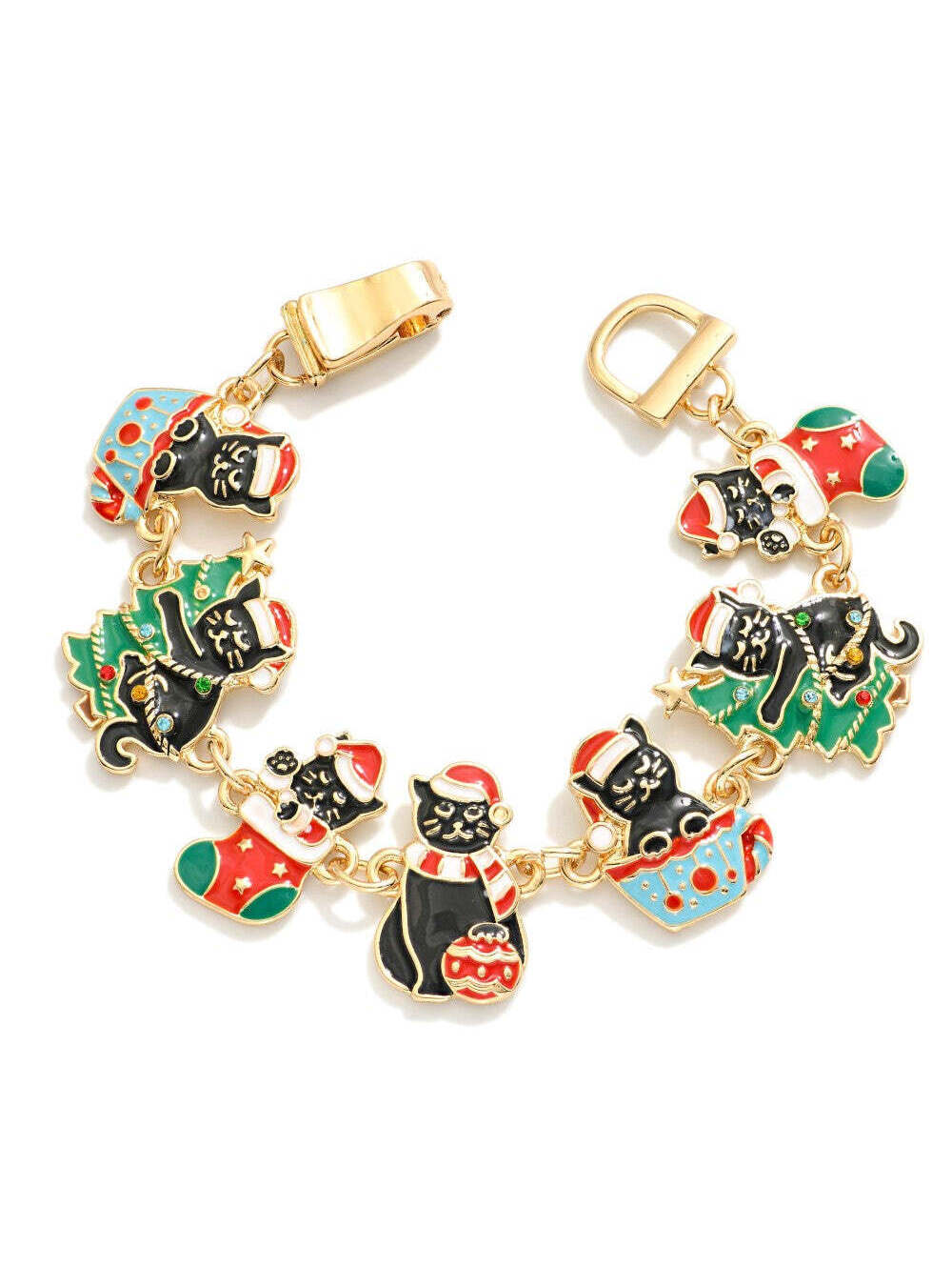 Christmas Cat Enamel Charm Bracelet Gold Tone